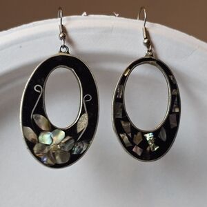 Vintage Elegant Black and Silver Oval Earrings - Mexican ABALONE alpaca silver